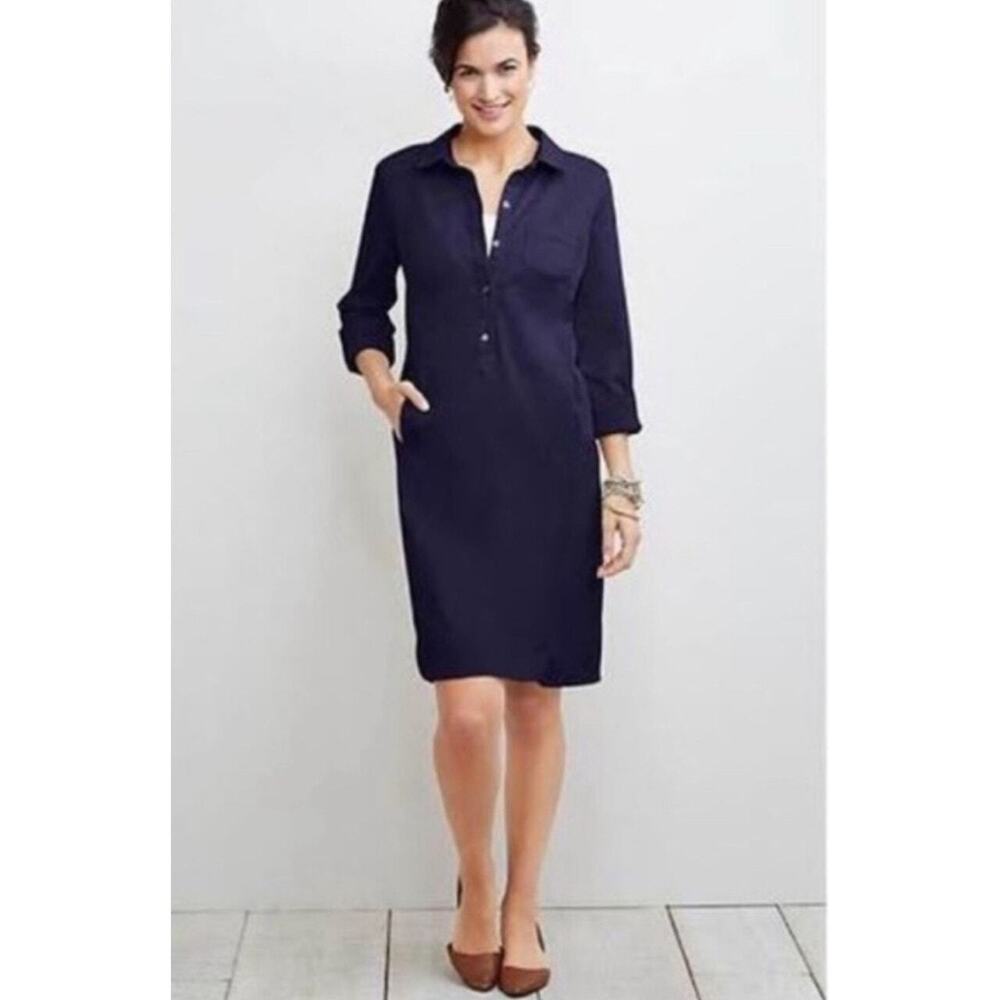 Preppy Shirt Dress J. Jill Dress Navy Live in Chino Cotton Stretch Size 14